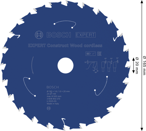 Lama per sega circolare a batteria Bosch EXPERT Construct Wood 165 mm T24.