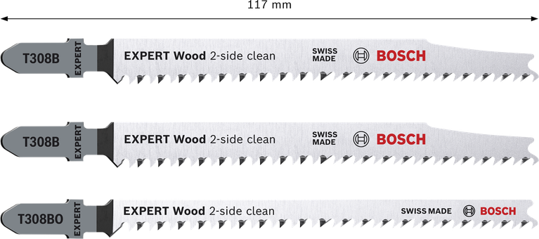 Set di 3 lame per seghetto alternativo Bosch EXPERT Wood, autopulenti su entrambi i lati.