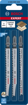Set di 3 lame per seghetto alternativo Bosch EXPERT Wood, a doppia pulizia.