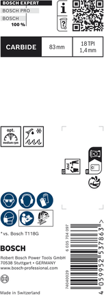 Lama per seghetto alternativo Bosch EXPERT Tough Metal T118EHM per il taglio del metallo.