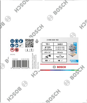 Set di 15 dischi lamellari Bosch X451 a grana mista per smerigliatrici angolari.