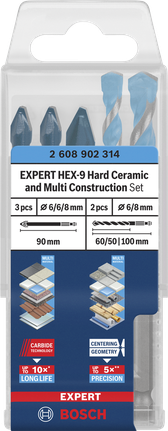 Set di punte da trapano Bosch HEX-9 in ceramica dura e multiuso per costruzioni.