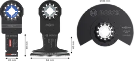 Set di 3 lame Bosch per utensili multifunzione, adatte a legno duro e metallo.