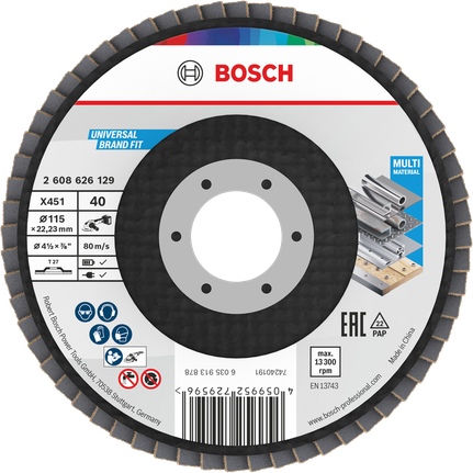 Disco lamellare Bosch X451 da 115 mm G40 per la levigatura di materiali diversi.