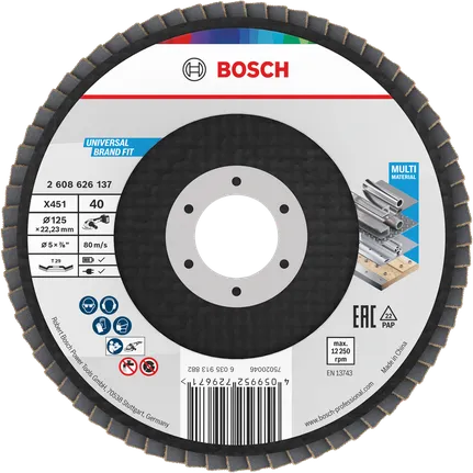 Disco lamellare Bosch X451 da 125 mm G40 per uso su diversi materiali.