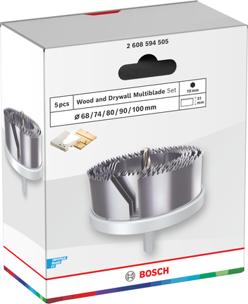 Set di seghe a tazza con albero per legno e cartongesso Bosch da 68-100 mm.