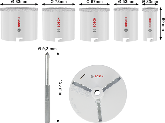 Set di seghe a tazza Bosch per mattoni e piastrelle morbide, 33-83 mm.