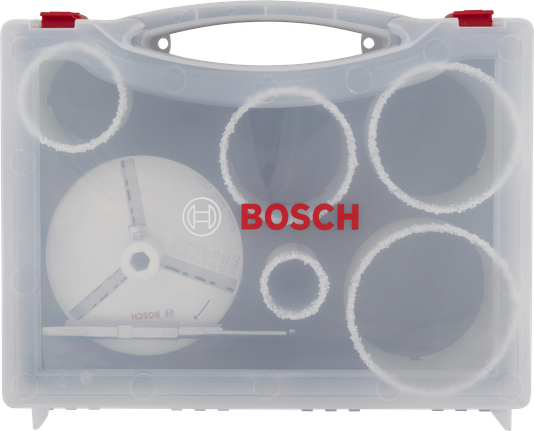 Set di seghe a tazza Bosch per mattoni e piastrelle morbide in custodia di plastica.