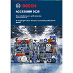 Catalogo Bosch Professional con accessori vari, colori blu e arancione, ambiente industriale.