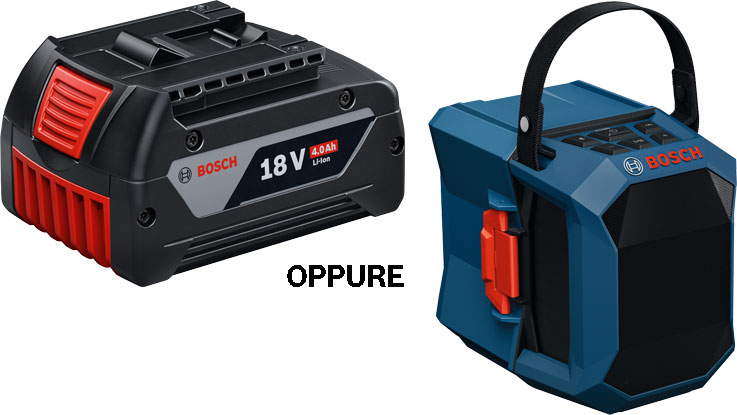 Due batterie Bosch, una nera con dettagli rossi e un altoparlante blu, disposte su sfondo bianco.