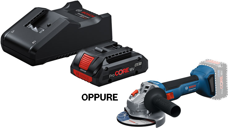 Immagine di attrezzi Bosch: un caricatore nero, una batteria ProCORE 18V rossa e un smerigliatrice angolare blu.