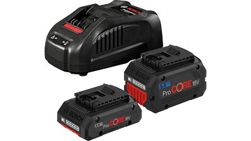 Tre batterie e un caricatore di colore nero, con dettagli rossi, su sfondo bianco.