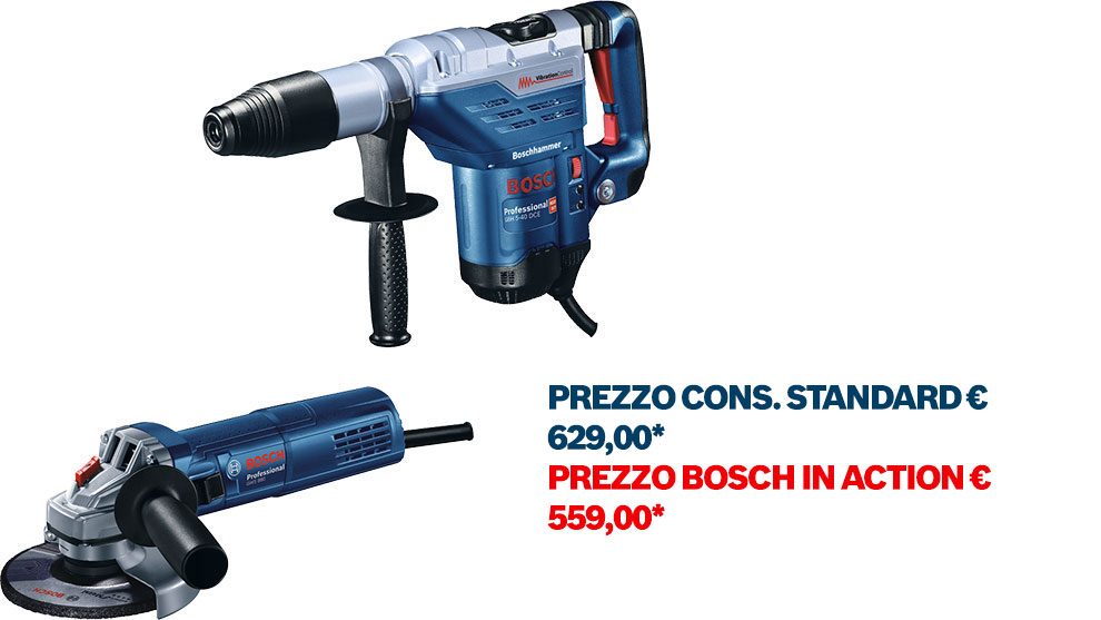 Immagine di due attrezzi Bosch: un martello perforatore blu e un angolare, entrambi professionali.