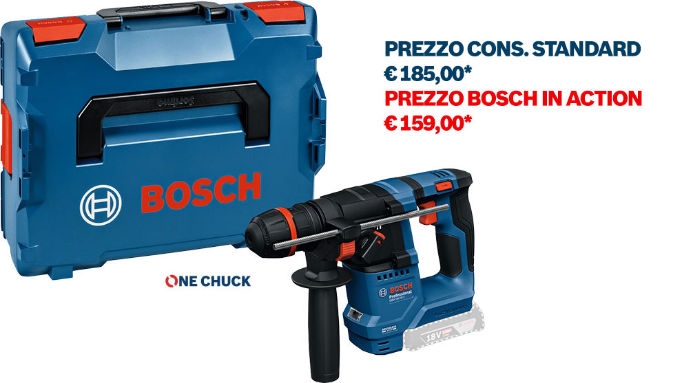 Un trapano Bosch blu con una valigetta blu e rossa, pronto per l'uso in un ambiente di lavoro.