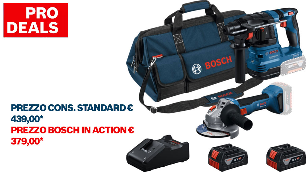 Set di attrezzi Bosch composto da un trapano e una smerigliatrice, con batterie e caricabatterie. Borsa blu.
