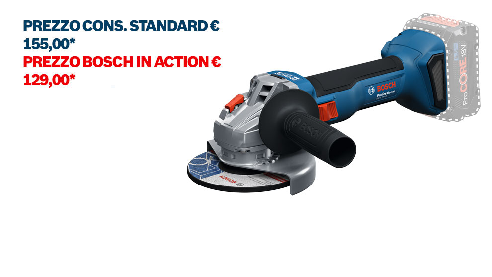 Un angolo di un utensile elettrico Bosch blu e grigio, con disco di levigatura e impugnatura ergonomica.