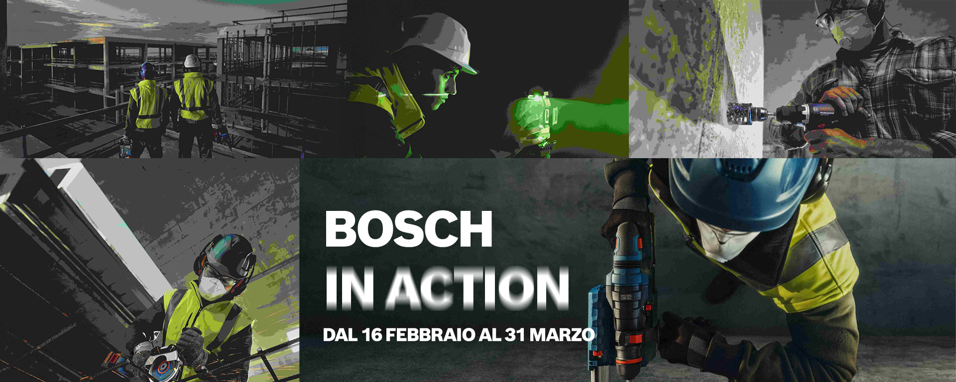 Due operai in caschi e giubbotti riflettenti lavorano in un cantiere, utilizzando attrezzi elettrici.
