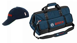 Una borsa blu Bosch e un cappellino blu con logo rosso.