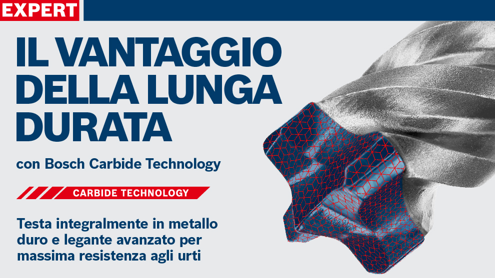 Un trapano in metallo Bosch con tecnologia Carbide su sfondo chiaro.