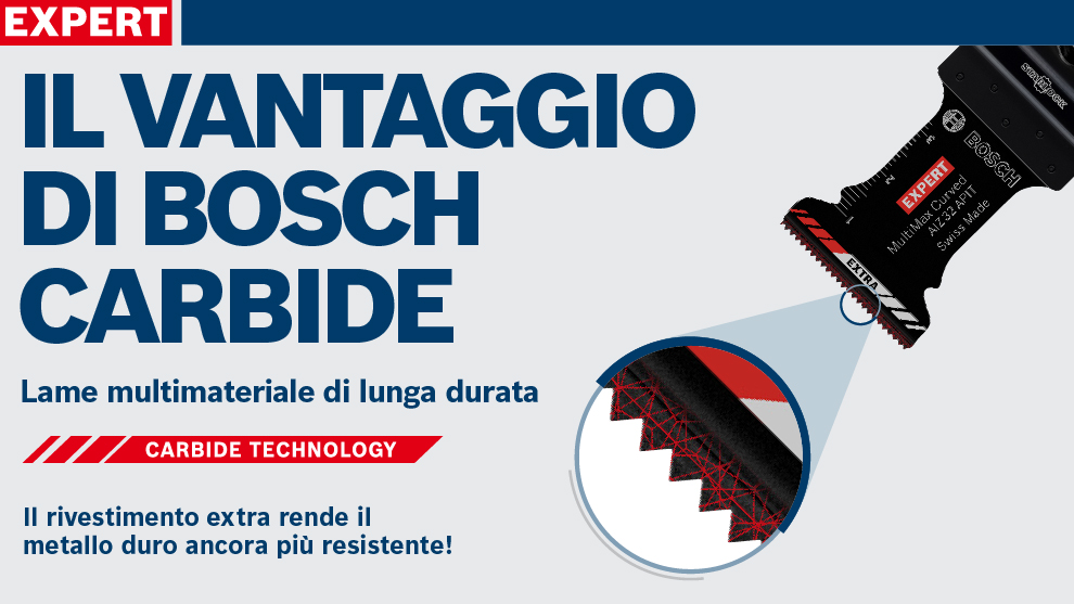 Lama Bosch Expert in carburo su sfondo chiaro, con testo informativo.