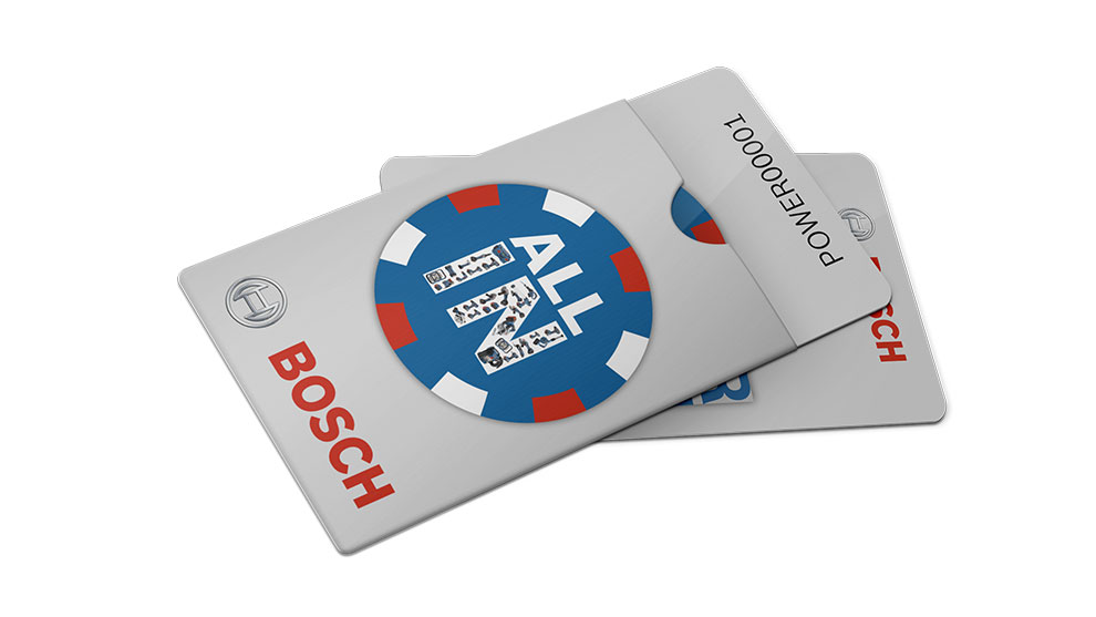 Due schede di plastica Bosch con un logo blu e rosso, sovrapposte su sfondo bianco.