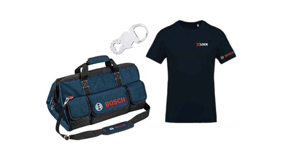 Borsa Bosch blu, maglietta nera con logo XLOCK e moschettone.