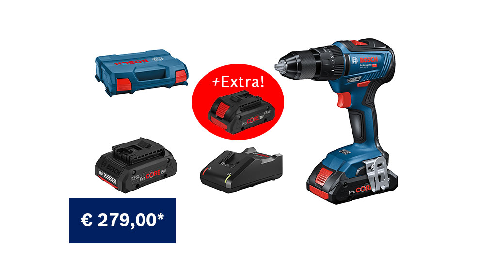 Trapano Bosch Professional blu con accessori su sfondo bianco, prezzo € 279,00.