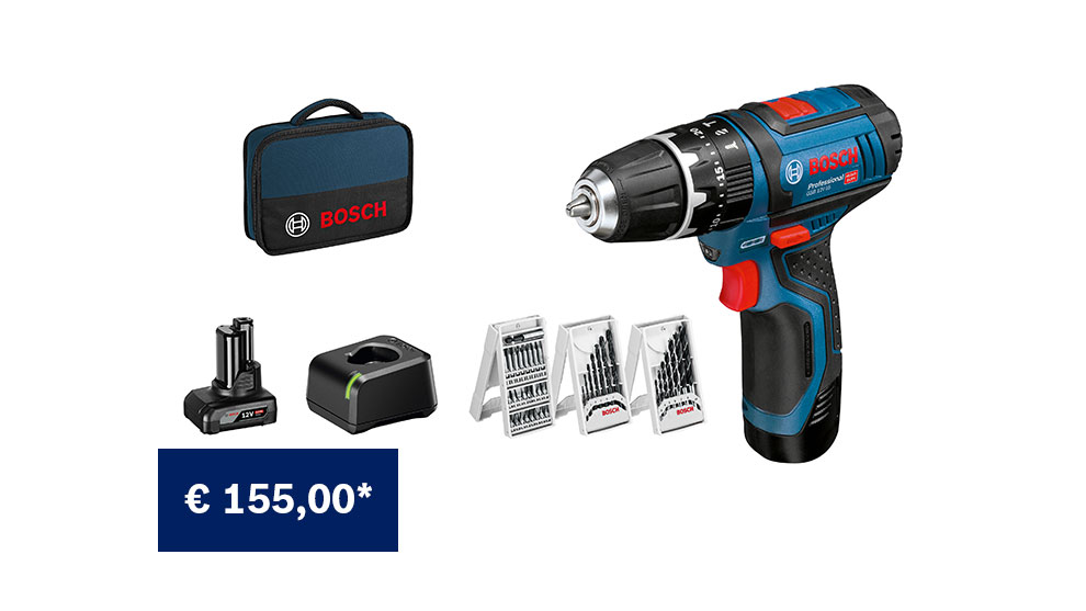 Trapano a batteria Bosch Professional con accessori in una borsa blu.