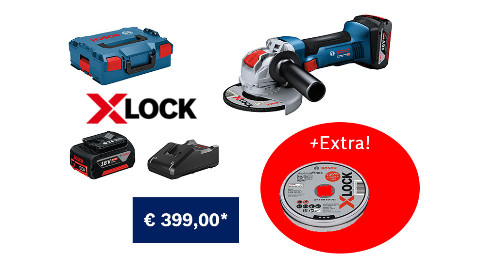 Utensile Bosch XLOCK blu con batteria, caricatore e disco, in confezione.