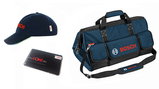 Cappello blu Bosch, borsa attrezzi blu e batteria ProCORE 18V.