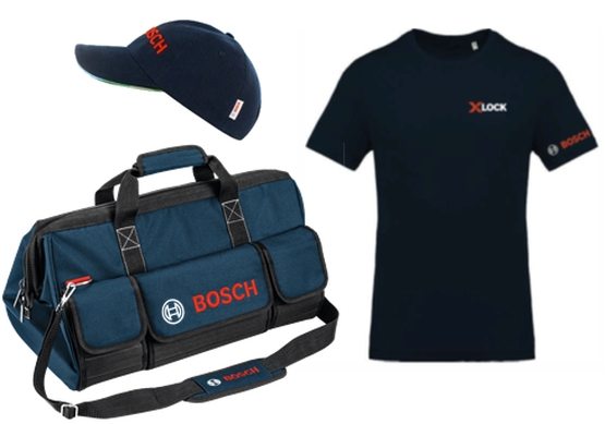Una borsa blu Bosch, una maglietta nera e un cappellino blu con logo.