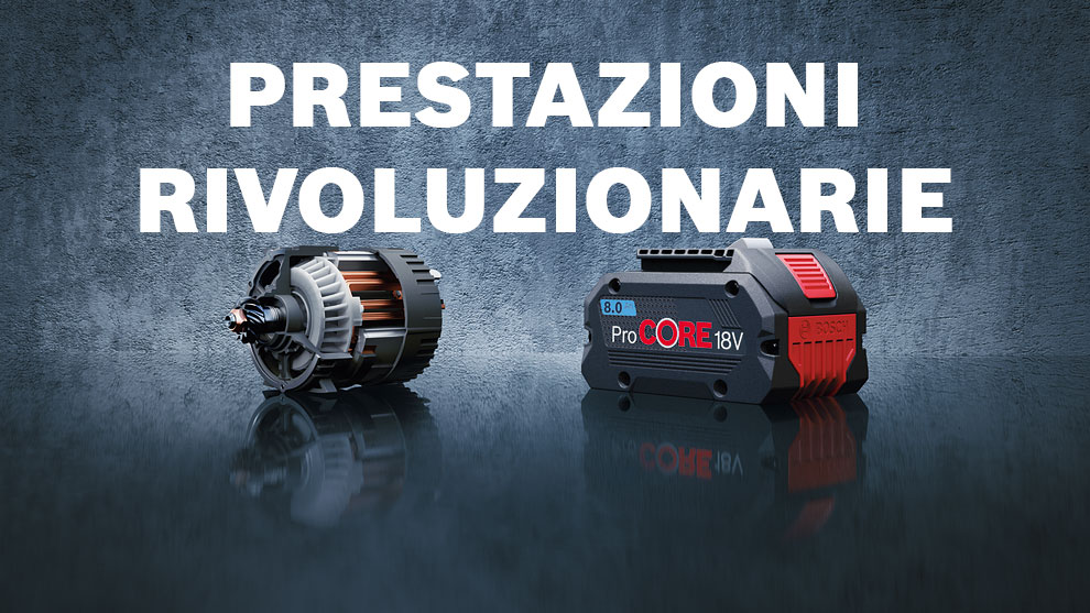Due dispositivi Bosch Professional su sfondo grigio: motore e batteria ProCORE.