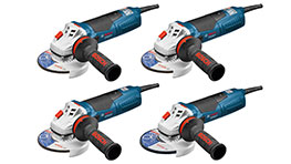 Quattro smerigliatrici angolari Bosch Professional blu su sfondo bianco.