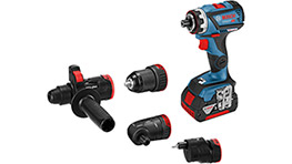 Un trapano a batteria Bosch Professional blu con accessori neri e rossi.