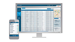 Interfaccia di gestione Bosch su monitor e smartphone, dati e mappe visibili.