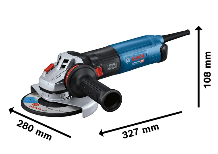 مواصفات ماكينة الصنفرة الزاوية Bosch GWS 17-150 S مع المقبض والحجم.