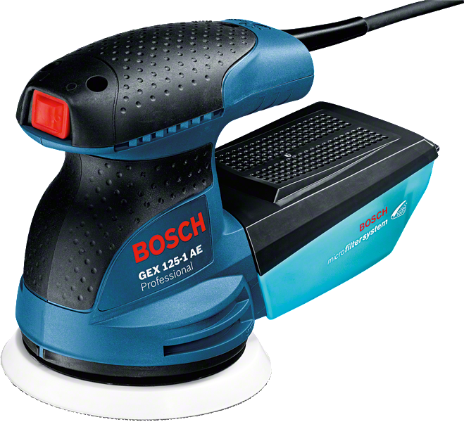 ماكينة الصنفرة العشوائية Bosch GEX 125-1 AE مع فلتر دقيق.