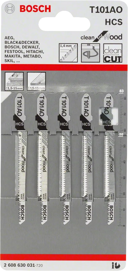Bosch T 101 AO jigsaw blades for clean wood cutting.