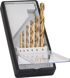 Bosch 6-piece Robust Line HSS-TiN metal drill bit set.
