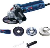 Bosch GWS9-115 angle grinder with accessories.