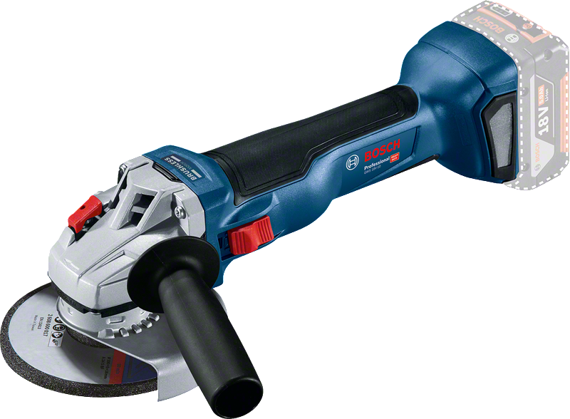 Bosch GWS 18V-10 cordless angle grinder with side handle.