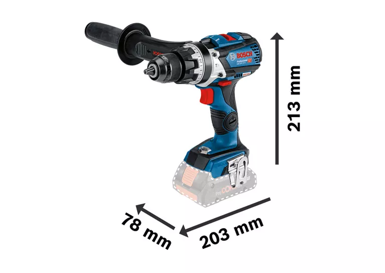 Bosch GSB 18V-110 C cordless drill dimensions shown.