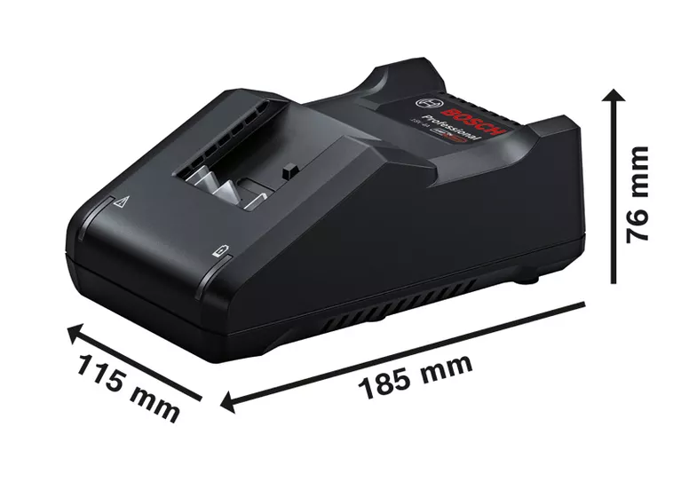 Bosch GAL 18V-40 AMPShare battery charger with dimensions.
