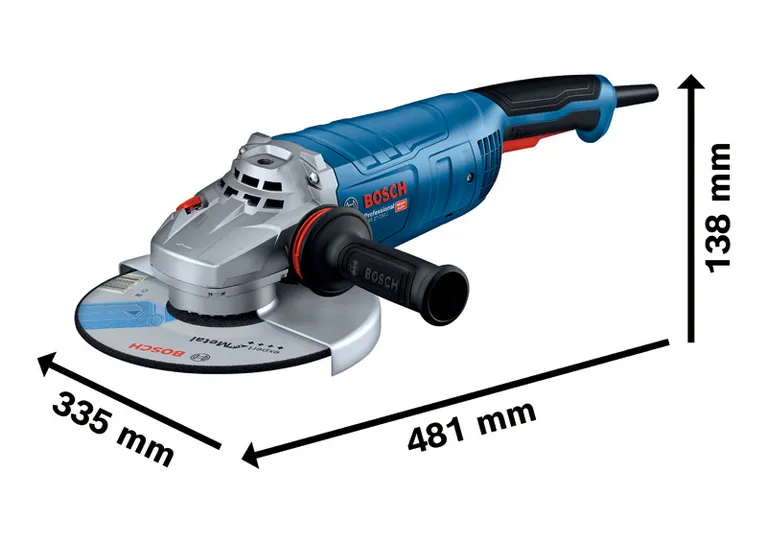 Bosch GWS 27-230 J angle grinder with dimensions shown.