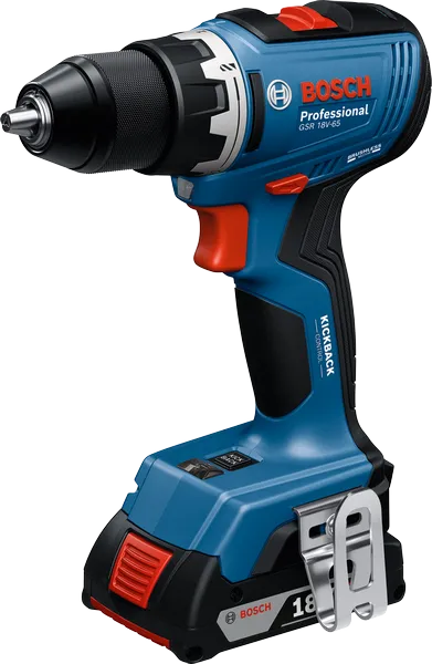 Bosch GSR 18V-65 cordless drill with 2Ah battery.