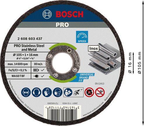 Bosch PRO stainless steel and metal cutting disc 105x1x16 mm.