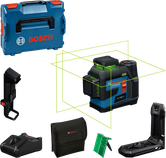 Bosch GLL 12V-100 laser leveling tool with accessories.