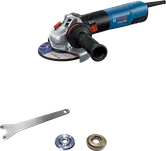 Bosch GWS 20-150 angle grinder with side handle and accessories.