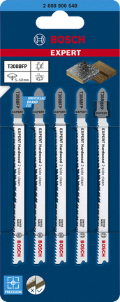 Bosch EXPERT Hardwood 2-side clean T308BFP jigsaw blades 5 pack.