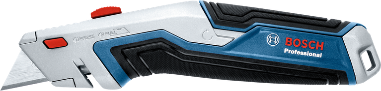 Utility knife with a retractable blade featuring a blue and black ergonomic handle.